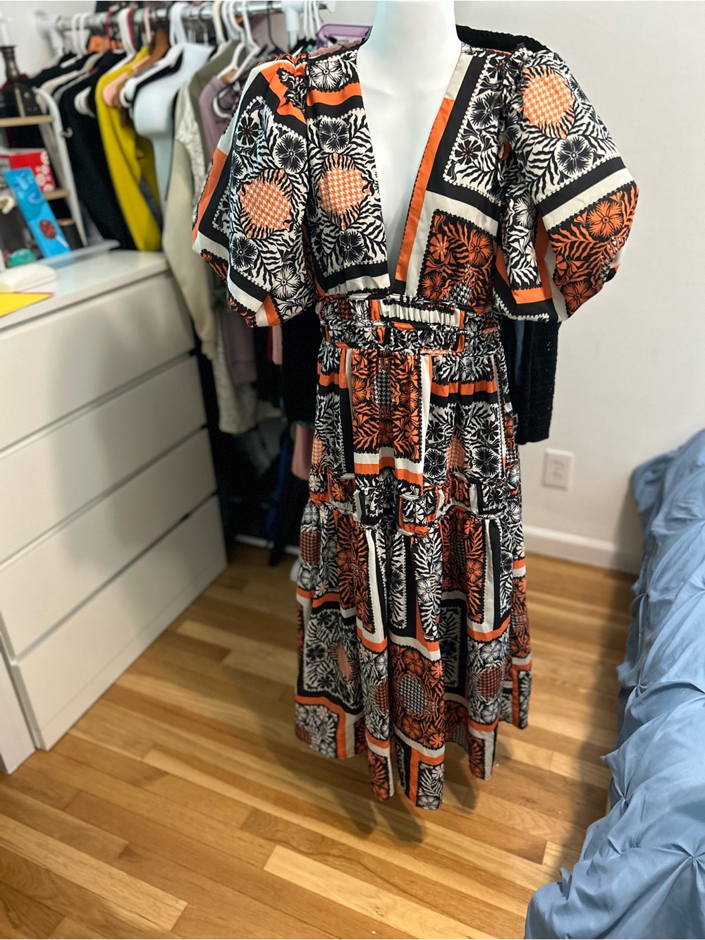 CQbyCQ Orange & Black Printed Puff-Sleeve Maxi Dress, Size M/L
